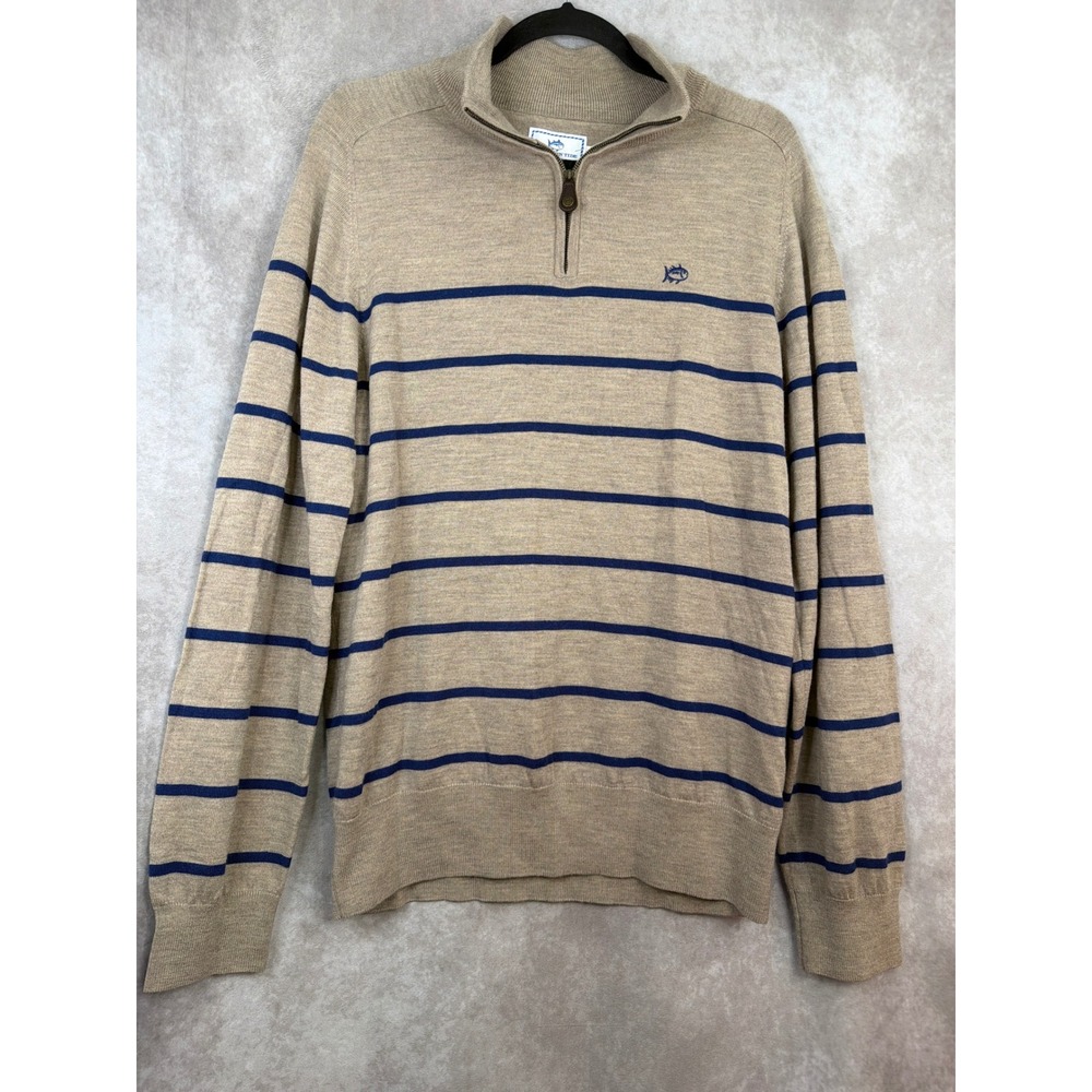 Southern‎ Tide Mens Large Merino Wool Quarter Zip Sweater Tan Blue Striped L